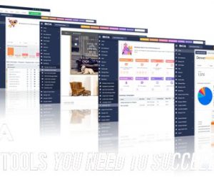 Screenshots of Omnia intranet dashboards and UI tools for business management.