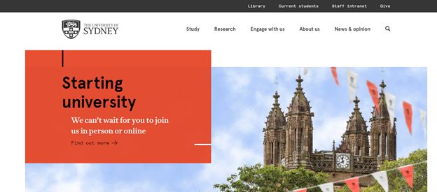 The University of Sydney website featuring a staff intranet link in the navigation bar.